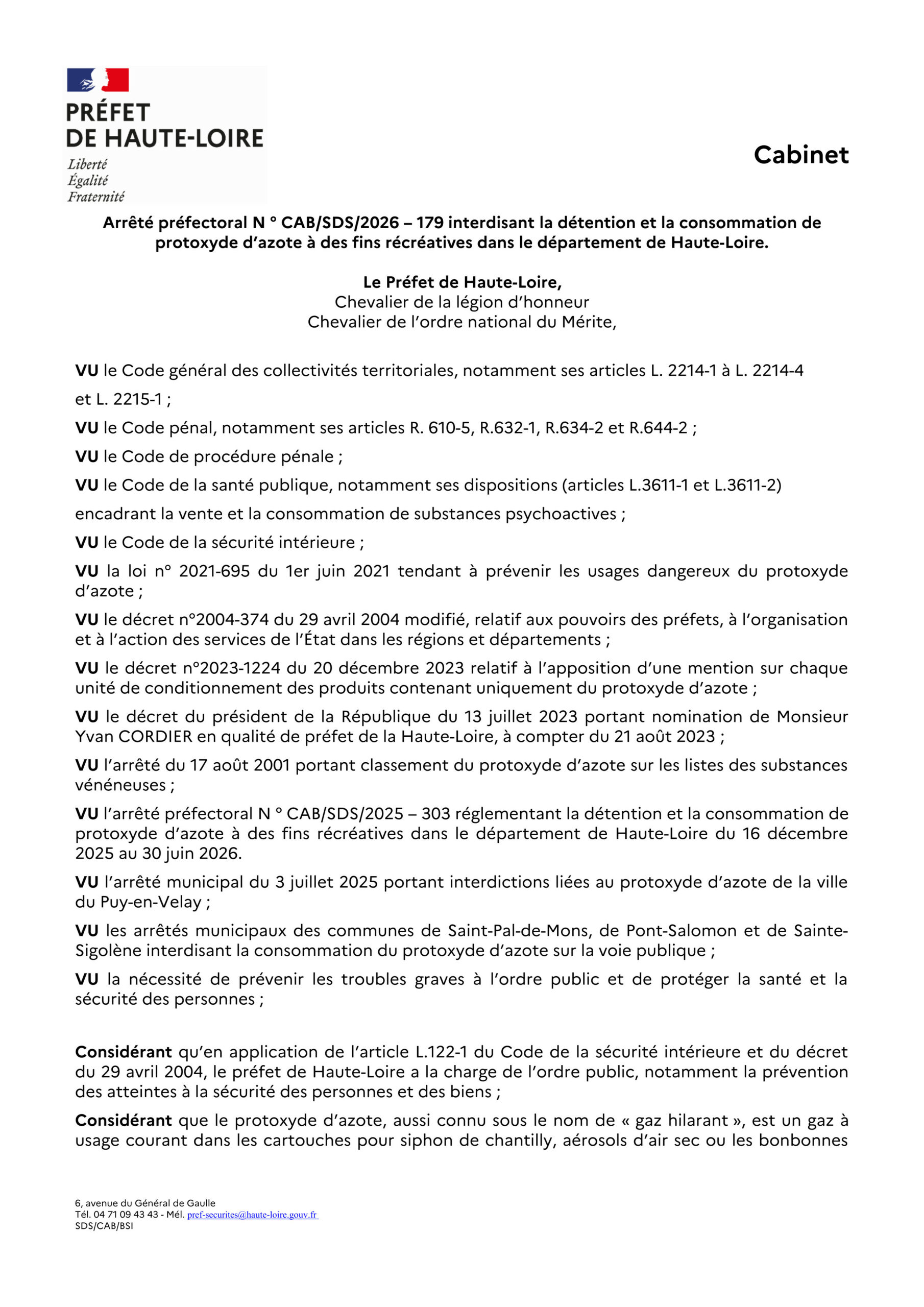 You are currently viewing Arrêté préfectoral interdisant le protoxyde d&rsquo;azote dans le Département